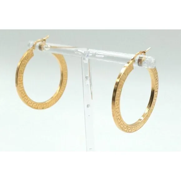 18K Gold-Plated Hoop Earrings With Greek Key Design Lightweight Elegant - Picture 3 of 5
